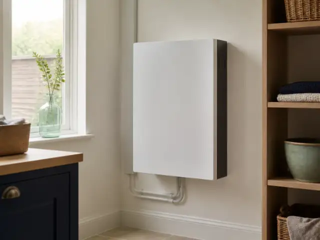 Illustrative unbranded home battery in a tidy utility space.