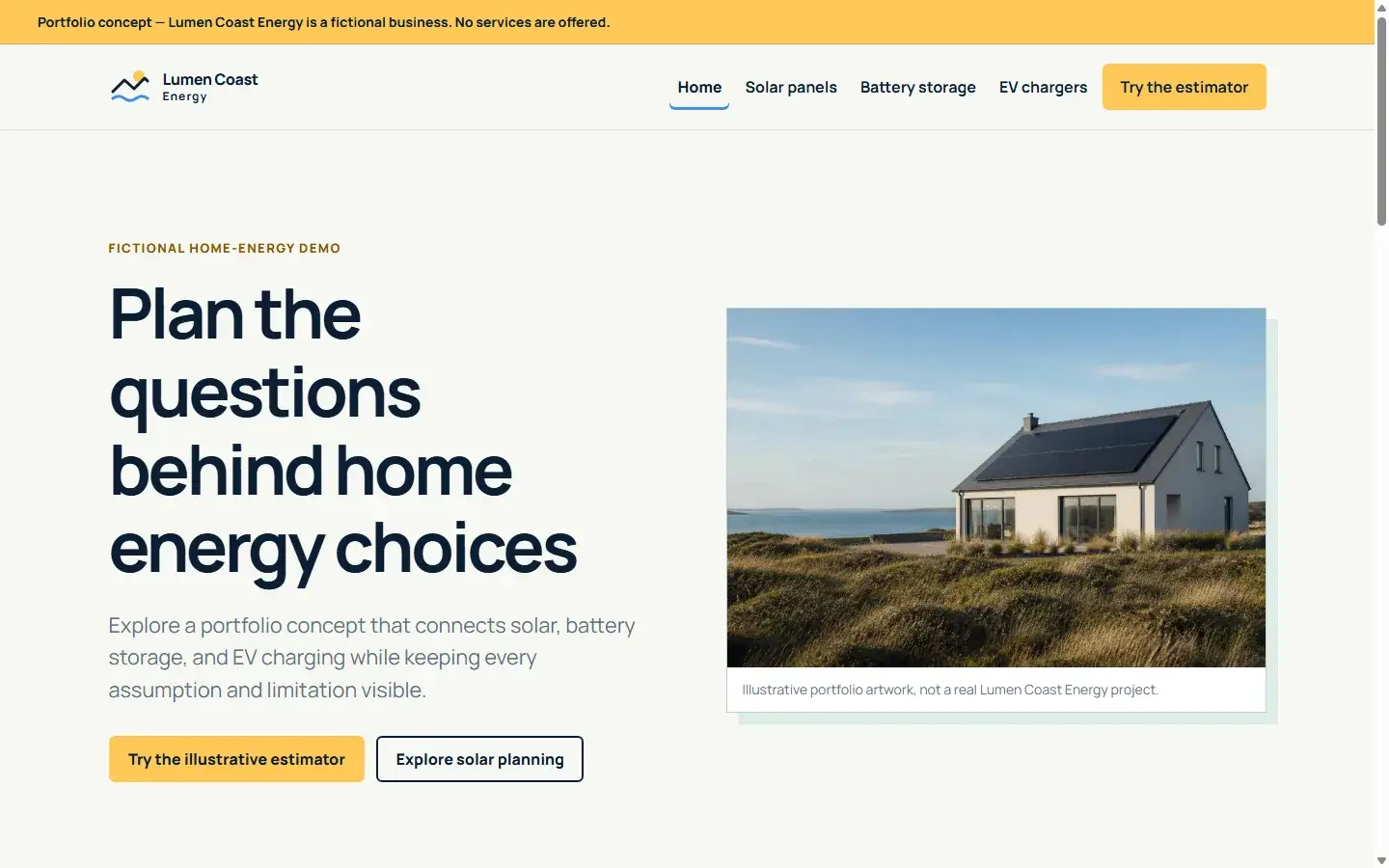 Desktop production-preview capture of the fictional Lumen Coast Energy homepage at 1440 by 900 pixels.