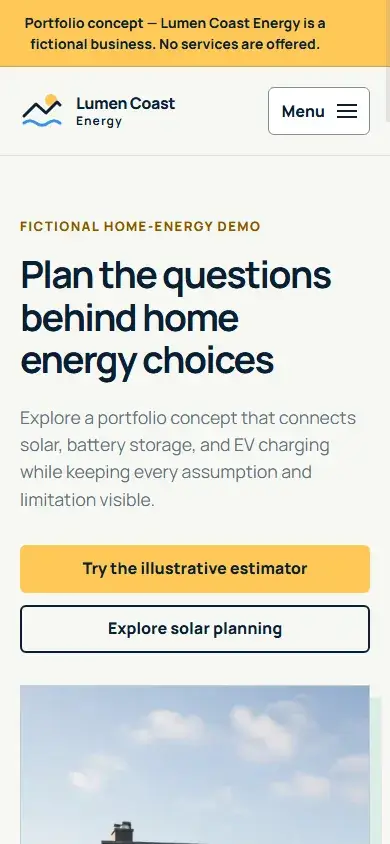 Mobile production-preview capture of the fictional Lumen Coast Energy homepage at 390 by 844 pixels.