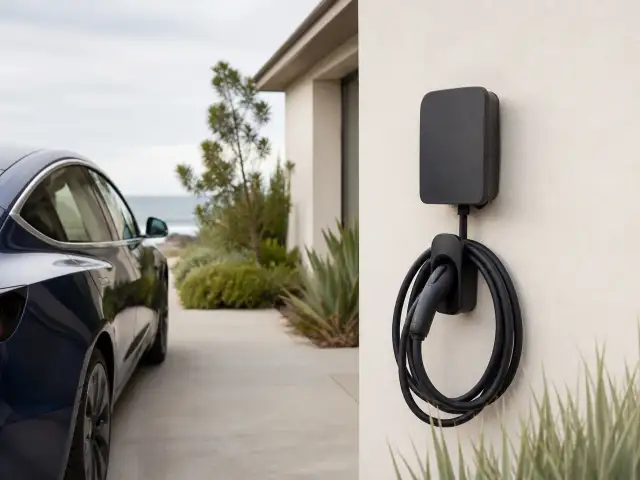 Illustrative unbranded electric-vehicle charger at a home.
