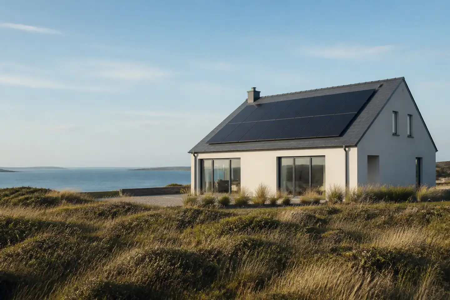 Illustrative coastal home with roof-mounted solar panels in clear daylight.